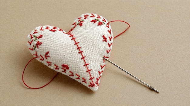 haftowane serce na lnianej tkaninie